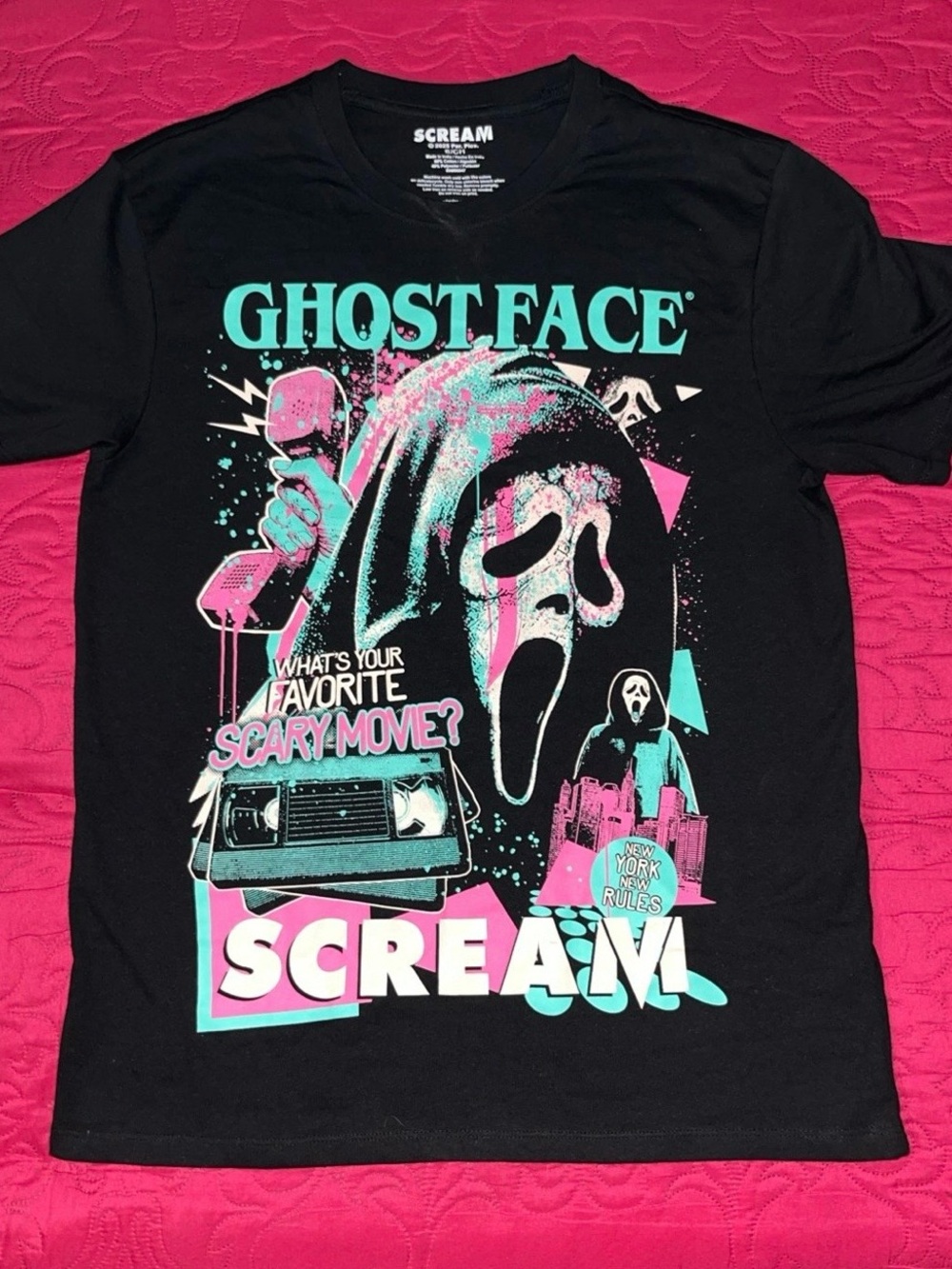 SCREAM Black 'GHOST FACE' Graphic Tee with Mint and Pink Accents